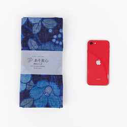 デジタル藍ふろしき～藍椿～　三巾　風呂敷　100㎝　綿麻素材 14枚目の画像