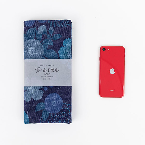デジタル藍ふろしき～花椿～　三巾　風呂敷　100㎝　綿麻素材 14枚目の画像