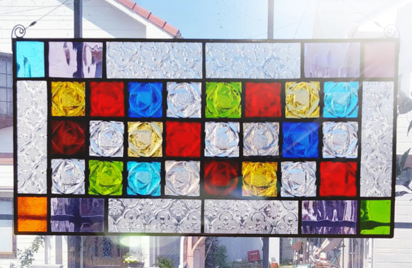 ステンドグラス　アンティーク調　ローズガラスパネル ローズピンクのバラのパネル ステンドグラス アンティークガラス