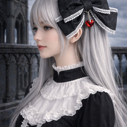 ヘッドドレス／ゴスロリ／リボン／黒ジャカード／白レース／ハート