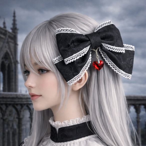 ヘッドドレス／ゴスロリ／リボン／黒ジャカード／白レース／ハート