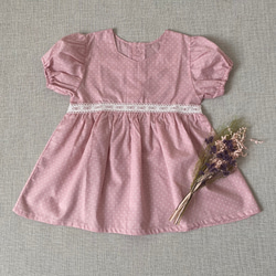 ハンドメイド子供服・ポワン袖ワンピース・100サイズ・ピンク×白ドット 1枚目の画像