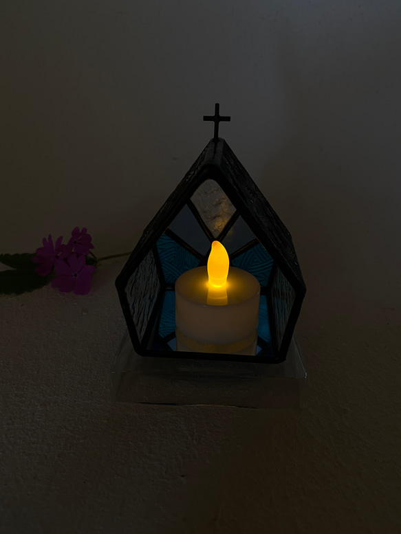 『CELTIK Deep blue』【Small church】　LED専用キャンドルホルダー・ステンドグラス 8枚目の画像