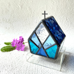 『CELTIK Deep blue』【Small church】　LED専用キャンドルホルダー・ステンドグラス 1枚目の画像