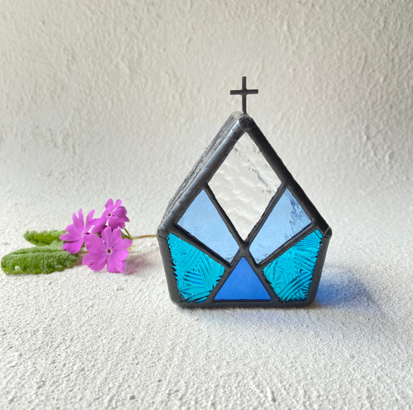 『CELTIK Deep blue』【Small church】　LED専用キャンドルホルダー・ステンドグラス 3枚目の画像