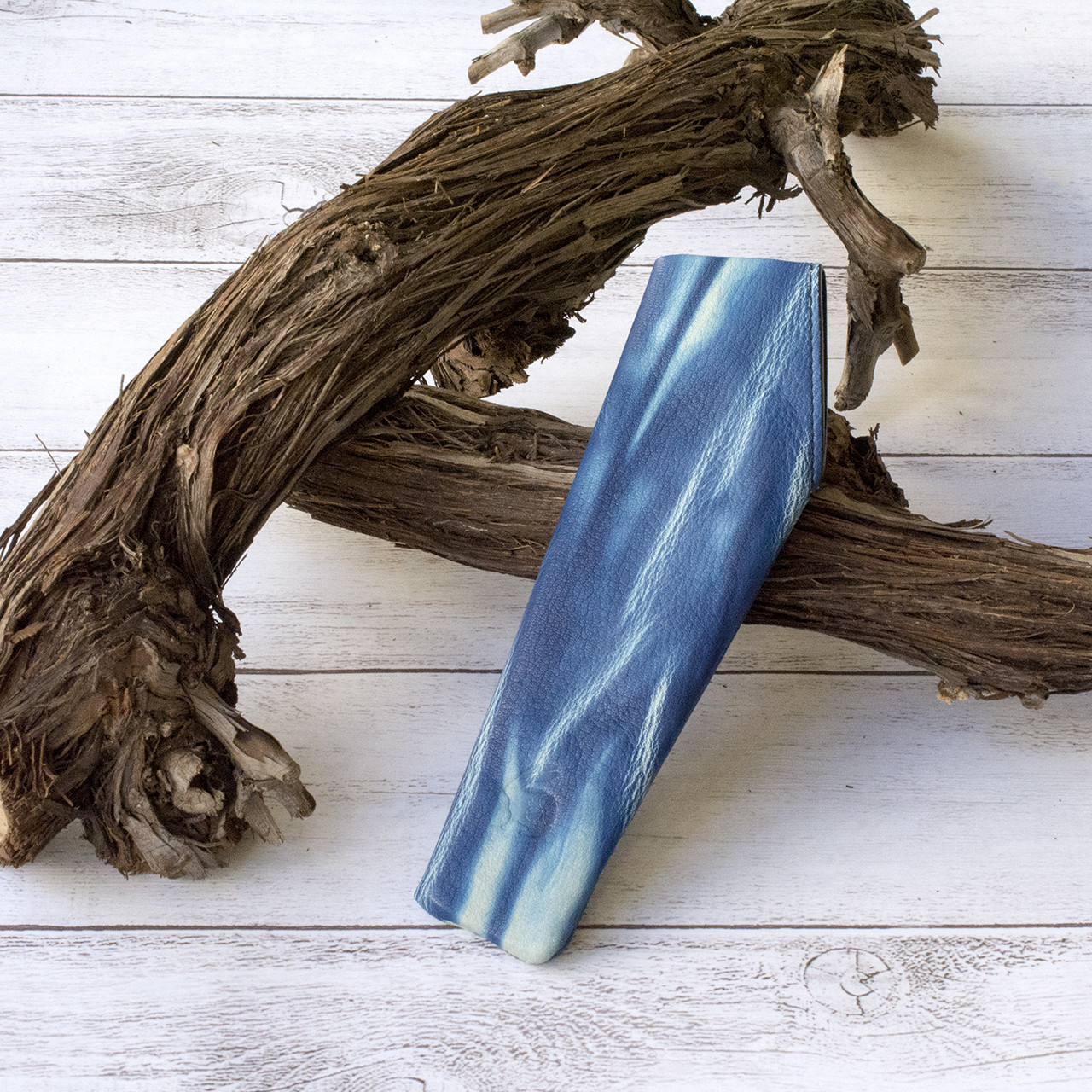 本革　天然染色　藍染め　絞り　オリガミペンケース