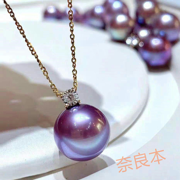 [母の日特集]紫真珠ネックレス 14mmk18真珠の首飾り 1枚目の画像