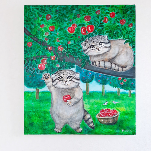 原画 「りんご狩りのマヌルネコ」 F10号 ＃絵画 ＃ねこ ＃マヌルネコ