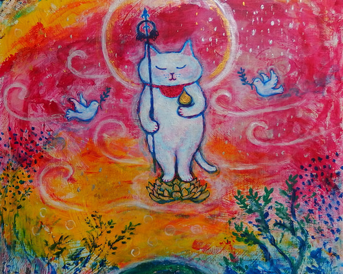 絵画。原画【ラベンダーの花の海に白い猫と星の願い】 絵画。原画【ラベンダーの花の海に白い猫と星の願い】