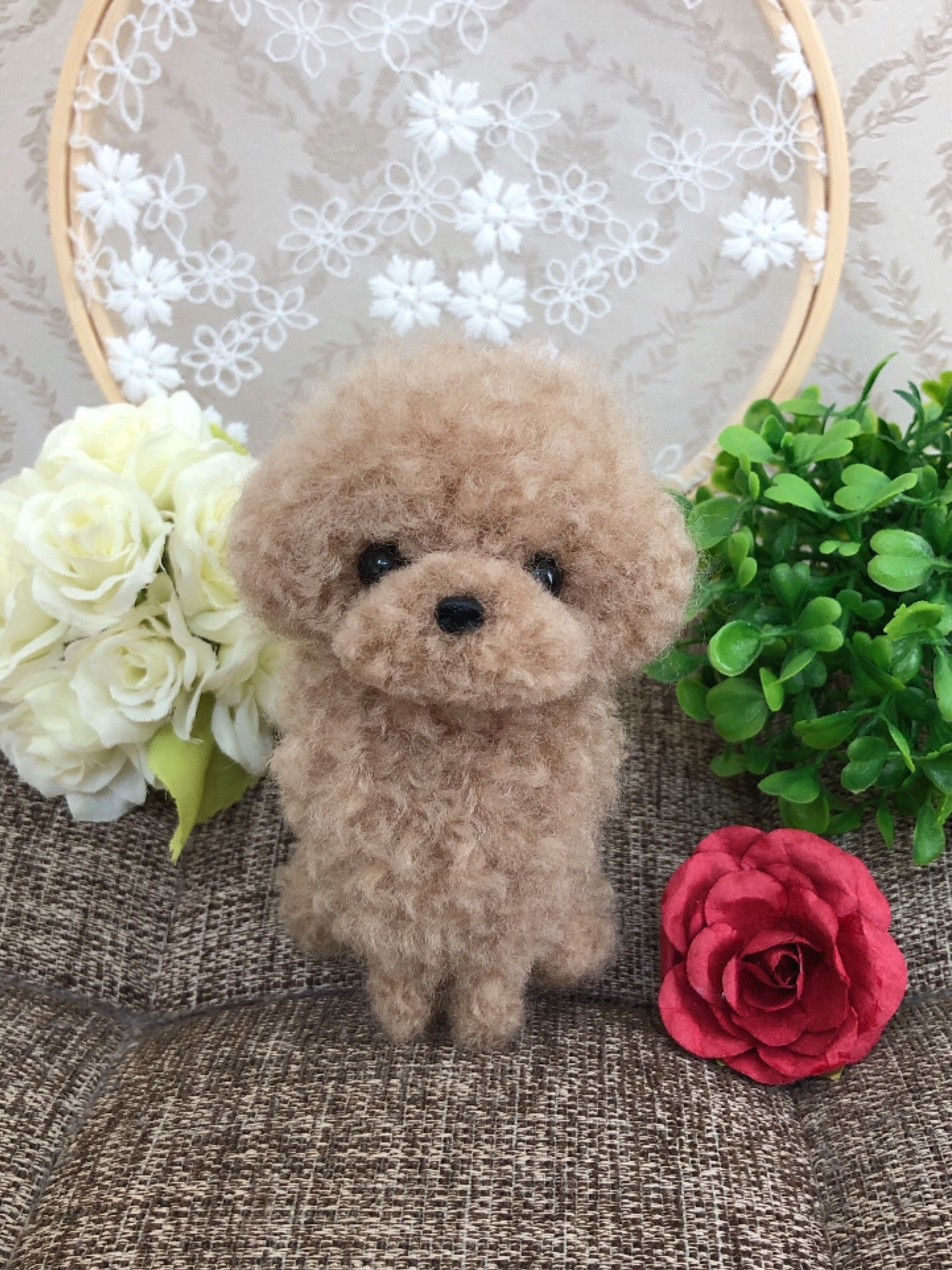 羊毛フェルト　トイプーくまちゃん＋トイプーちゃん2点トピアリーガラスドーム 羊毛フェルトトイプーくまちゃん＋トイプーちゃん2点トピアリー