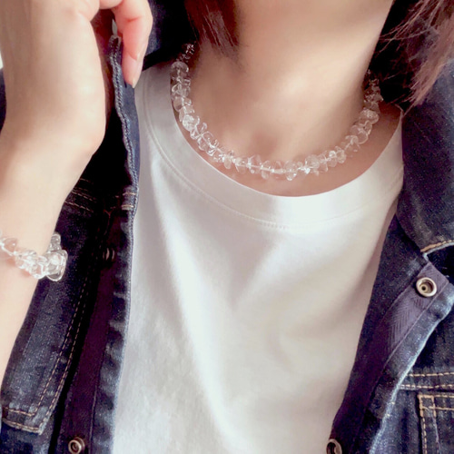 ロングにもなる！涼しげ水晶 ラフカットのネックレス＆ブレスレット
