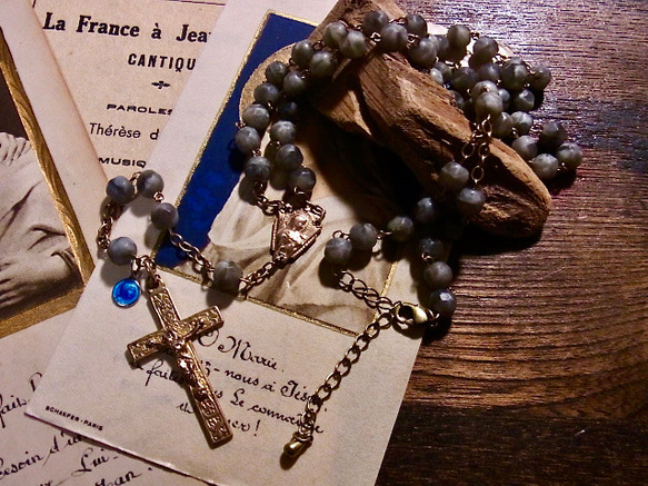 フランス アンティーク グレー ガラス ロザリオ リメイク ネックレス  