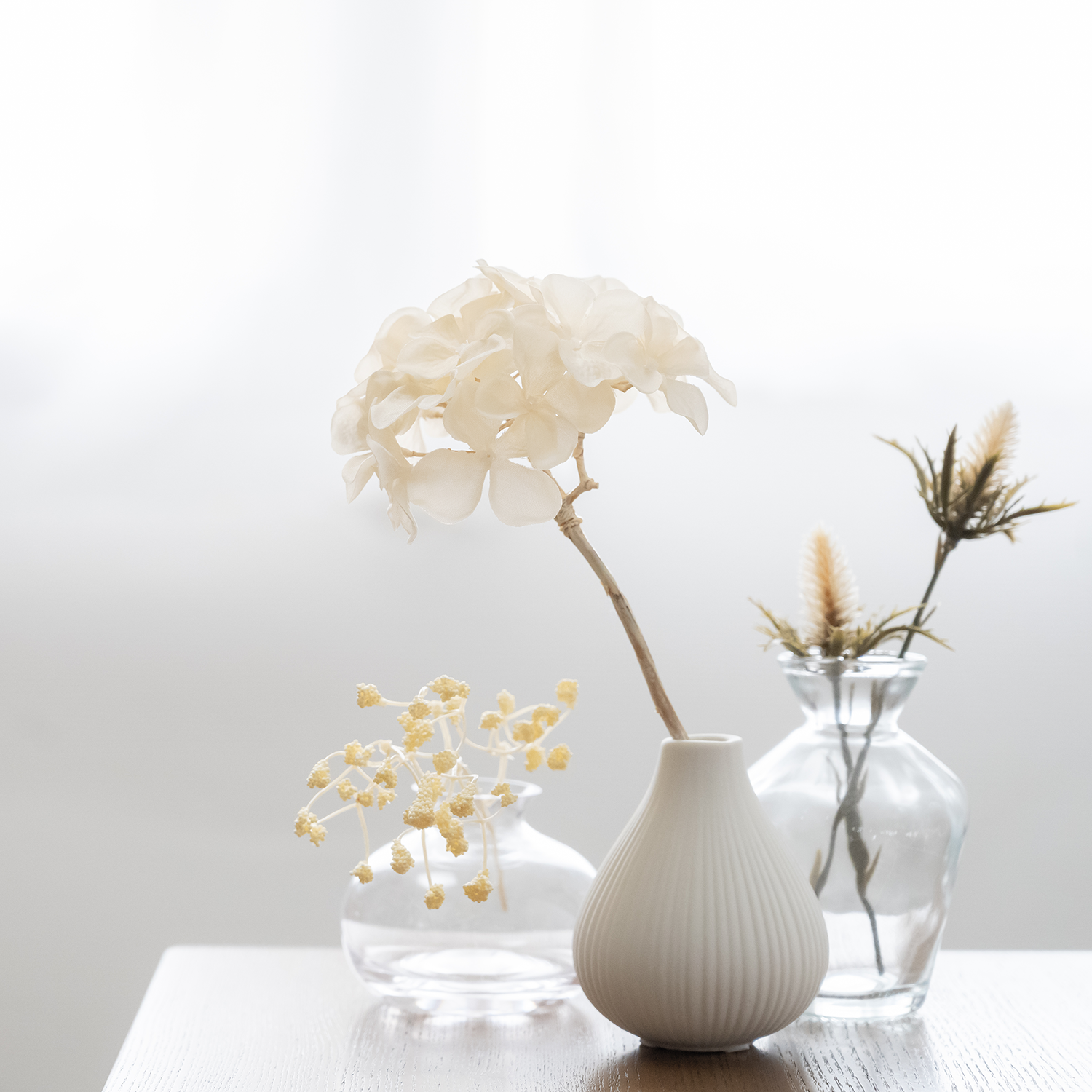【LETTERS】そのまま飾れるドライフラワー風かすみ草・アジサイ・エリンジウム（アートフラワー）一輪挿し花瓶3本セット
