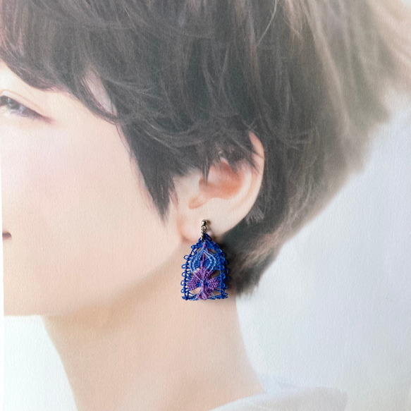 あじさい　糸のピアス/イヤリング　ニャンドゥティ  紫色の紫陽花　 6枚目の画像