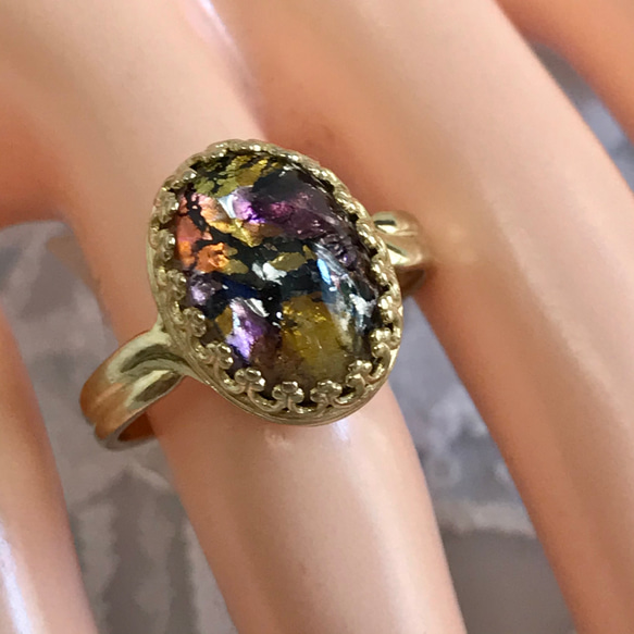 チェコスロバキア製 vintage glass アメジスト トパーズ色 ring（ゴールドカラー・フリーサイズ） 2枚目の画像
