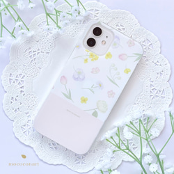 春の花々ホワイト スマホケース iPhone Android アンドロイド 全機種対応 花柄 桜 チューリップ パンジー 1枚目の画像