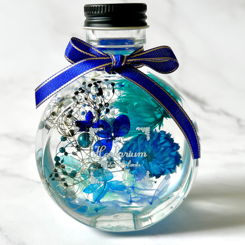 かっこいいエメラルド×ブルーの猫瓶ハーバリウム ハーバリウム・植物