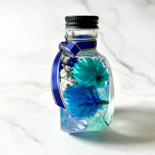 かっこいいエメラルド×ブルーの猫瓶ハーバリウム ハーバリウム・植物