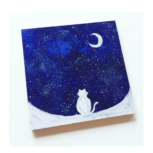 【月夜の猫】絵画/原画 アクリル画 ✨ キラキラ 猫 ★猫の日2023 2枚目の画像