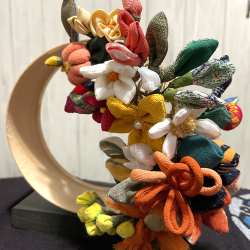 フラワーオブジェ 花束 花輪 レイ ブーケ ヴィンテージ古布 橙ver