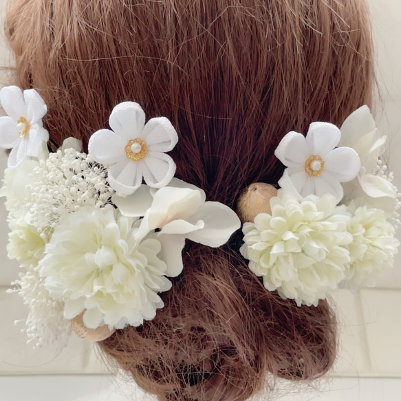 ホワイト＊ピンポンマム❁ つまみ細工小花 ❁﻿成人式 振袖 髪飾り 4枚目の画像