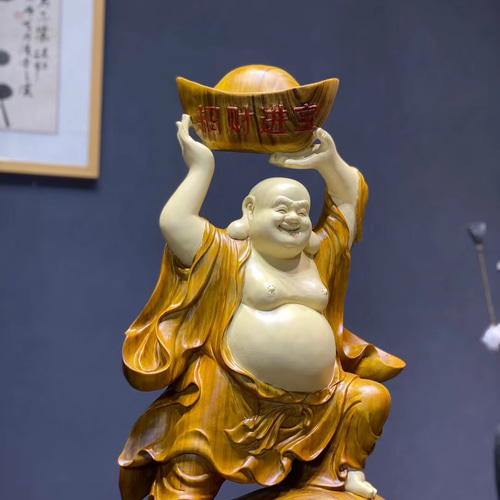 □大型 木彫り 布袋尊立像 布袋様 七福神 木製彫刻 香樟材