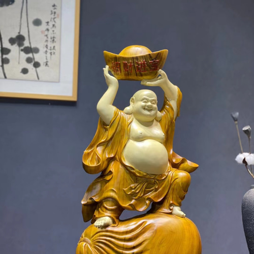 □大型 木彫り 布袋尊立像 布袋様 七福神 木製彫刻 香樟材 縁起物 彫刻