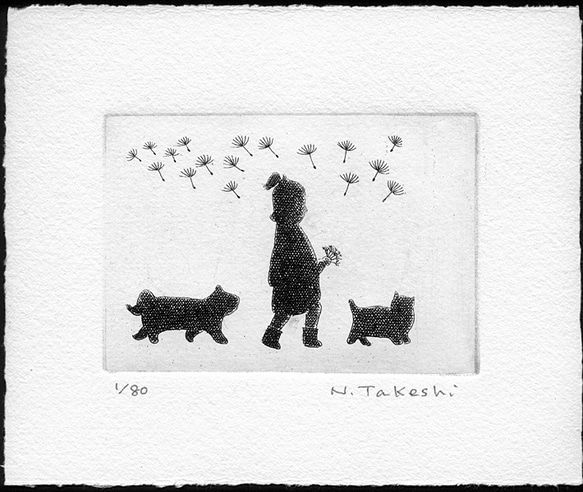 少女と猫とたんぽぽ/銅版画(額あり） 3枚目の画像