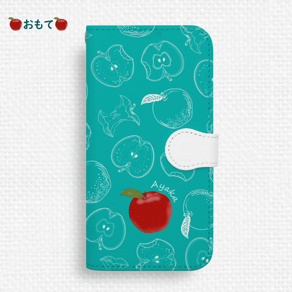 送料無料★赤りんご 手帳型スマホケース イラスト×線画 ターコイズブルー 全機種対応 iPhone Android 女子 2枚目の画像