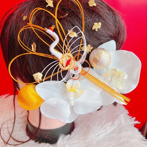 胡蝶蘭☆鶴☆扇子髪飾り☆組紐☆成人式髪飾り☆結婚式☆卒業式髪