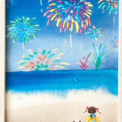 透明水彩画　A4ポスター「海辺の水中花火」イラスト　イラストポスター　花火　夏　犬　海　ナチュラルインテリア 2枚目の画像