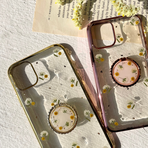 ミモザとかすみ草サークルスマホリング　押し花スマホケース　スマホスタンド　スマホグリップ　全機種対応　iPhone 6枚目の画像