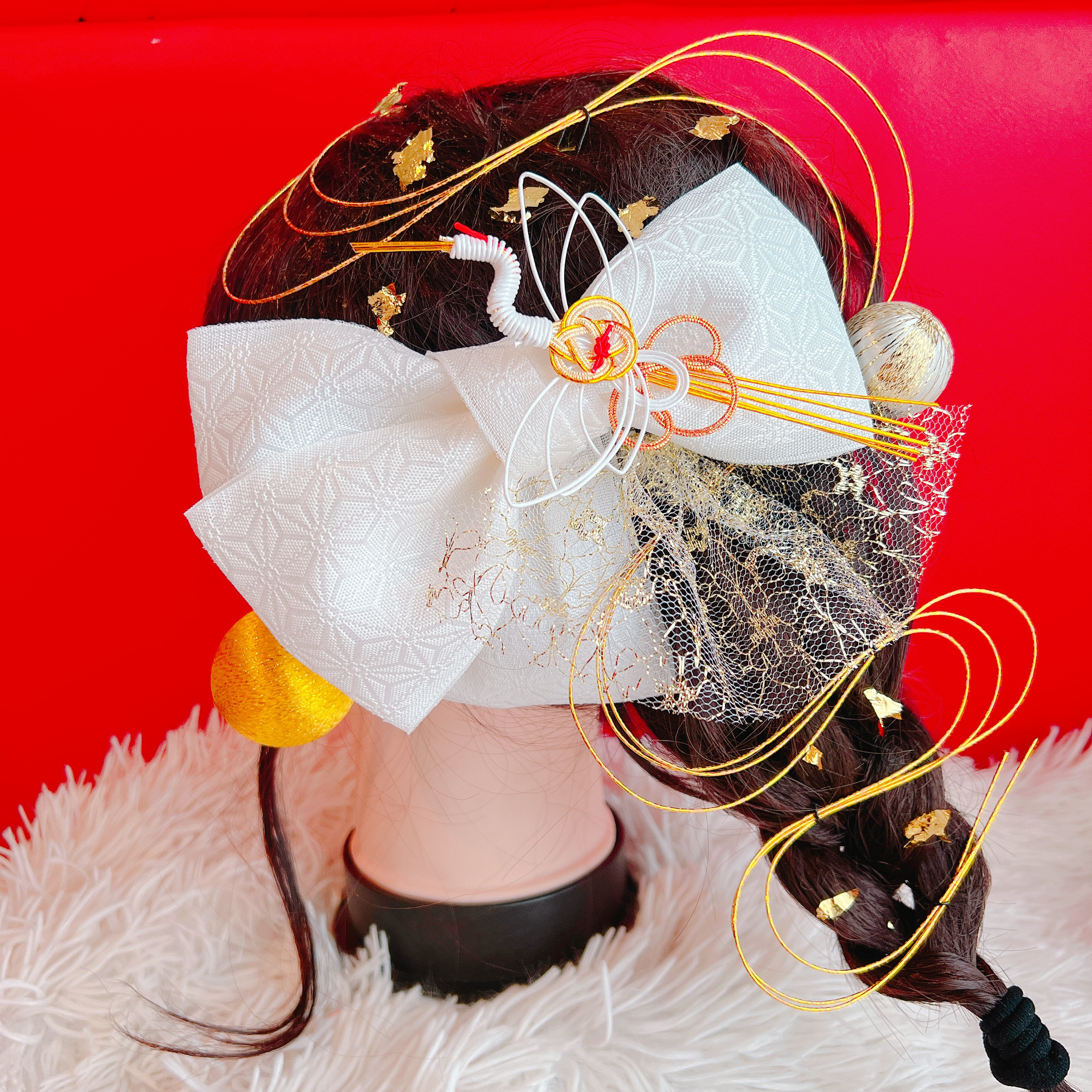 ちりめん髪飾り セット 鶴 水引き 白×ゴールド ハンドメイド