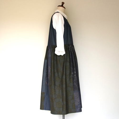 着物リメイク 大島紬 パッチワークのジャンパースカート ワンピース て