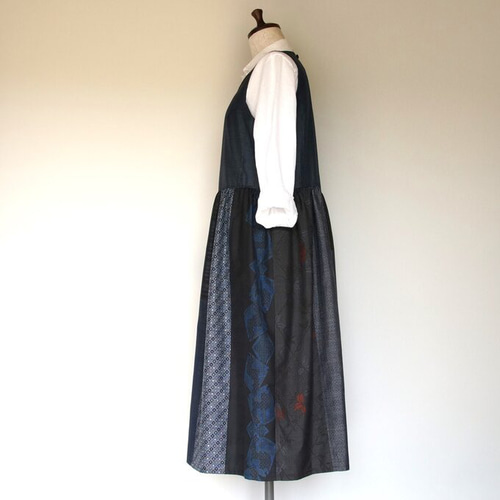 着物リメイク 大島紬 パッチワークのジャンパースカート ワンピース て