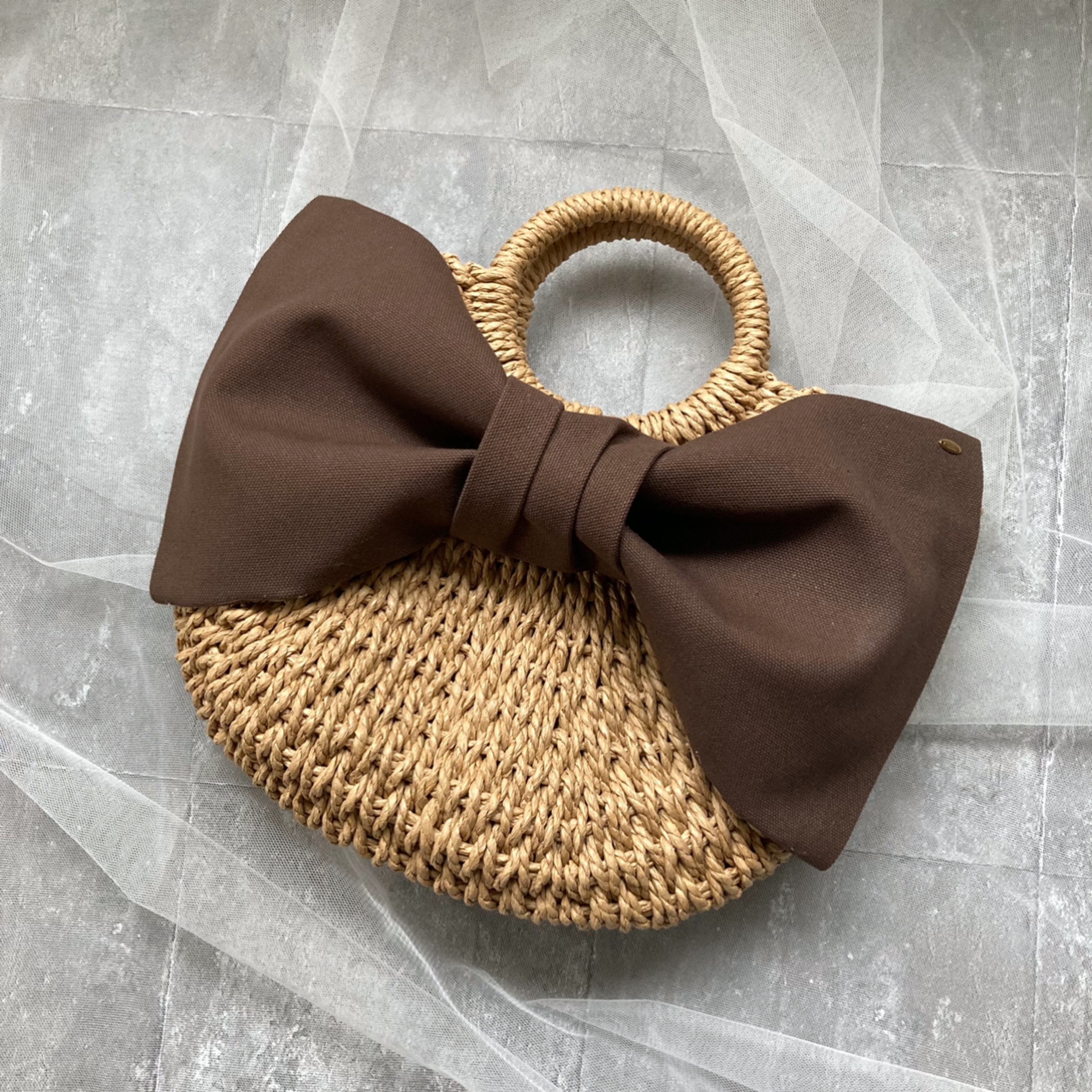 大きいリボンがかわいい♡カゴ風バッグ　ブラウン　小さめ　My name bag カゴバッグ　リボンバッグ