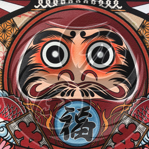 めで鯛（めでたい） 招福 達磨 赤色 イラスト A4サイズ フレーム付き