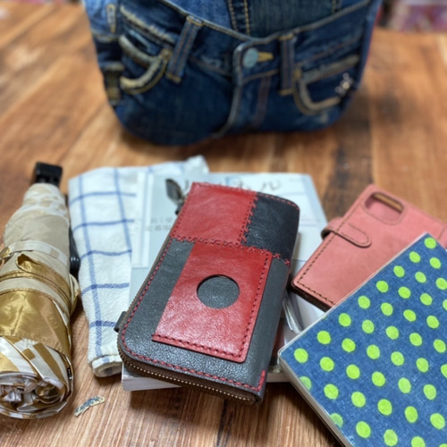 デニムと革のトートバッグ：デニムリメイク×本革持ち手レッド④ トート