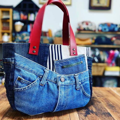デニムと革のトートバッグ：デニムリメイク×本革持ち手レッド④