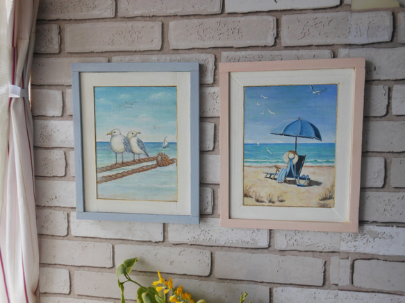 海辺の休日　 ハンドペイント木製アートパネル 6枚目の画像