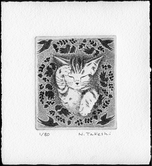 子猫のまねき猫/銅版画(額あり） 3枚目の画像