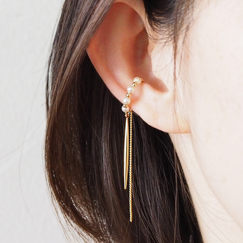 最高級鍍金 クリスタルパールとチェーン＆スティックのイヤーカフ