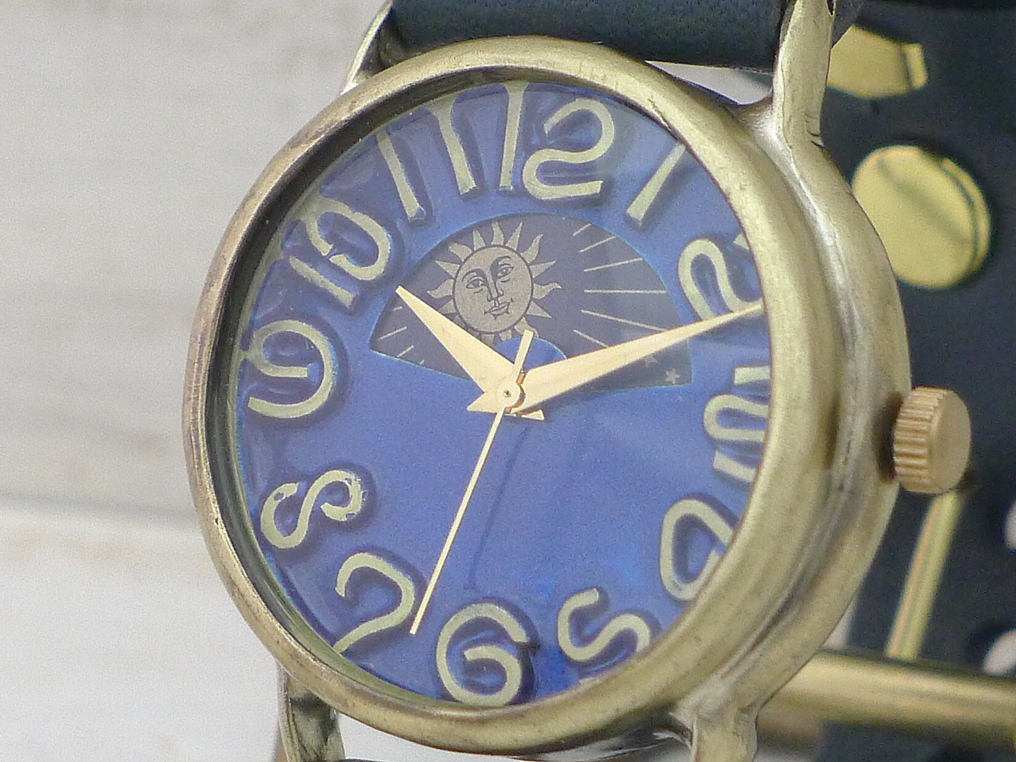 "J.S.B.-S&M" ブルー文字盤 36mmBrass(真鍮) Sun&Moon 手作り腕時計[JUM38S&M]