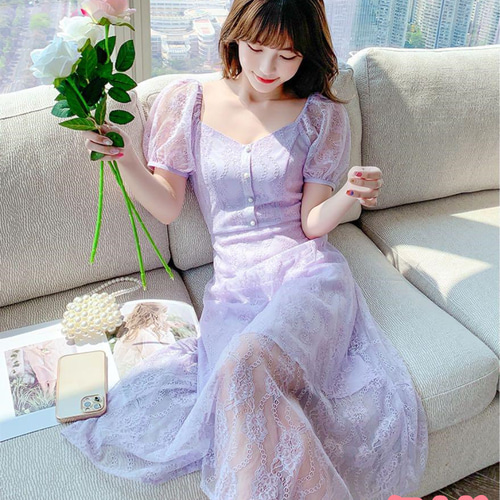 夏ワンピース パープル ラベンダー長袖 結婚式 パーティードレス