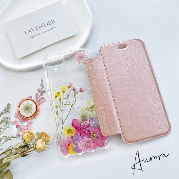押し花 スマホケース、全機種対応、手帳型、ストラップホルダ一 