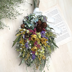 【再販、受注制作】薔薇とユーカリ&紫陽花とミモザのスワッグ 1枚目の画像