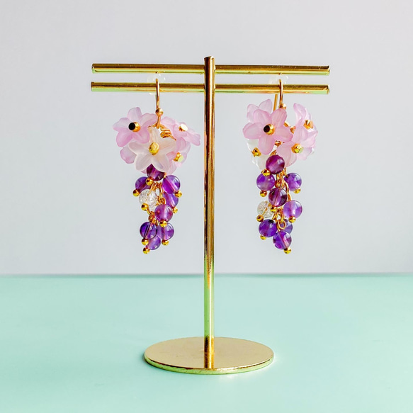天然石の藤の花ピアス／イヤリング アメジスト、ローズクォーツ