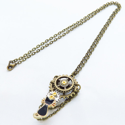 スチームパンク風 可動ギミックありの黒猫と歯車のネックレス 2連