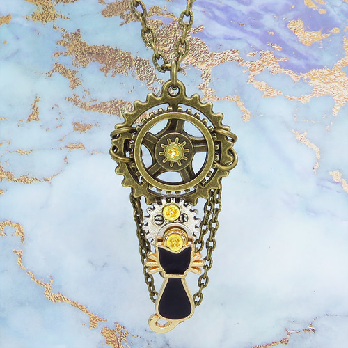 スチームパンク風 可動ギミックありの黒猫と歯車のネックレス 2連