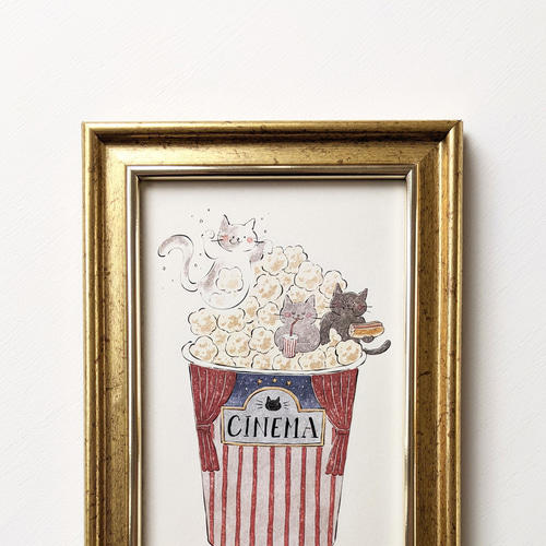 ポストカードサイズ 猫と映画とポップコーン アートプリント